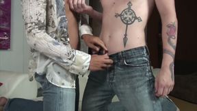 Gay lovers in bareback sex with creampie finish