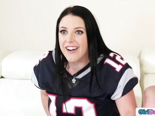 Shyla Jennings tries to get Angela Whites attention during a sports game.The tiny playgirl masturbates next to her.Lets watch if cunt licking will work