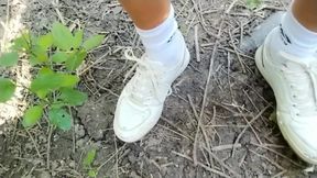 Piss and Cum - Cleaning Used White Sneakers with Pee and Cum and Pee Again in the Garden