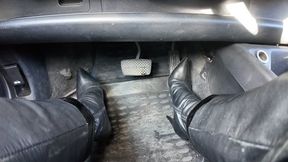 driving in leather high heel boots and leather outfit av3