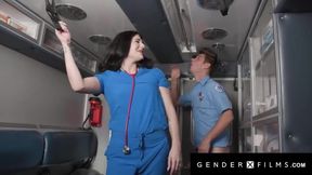 Trans Nurse Chokes EMT Cock Deep Then Rides Him Gushing In Ambulance