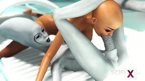 Alien dickgirl fucks sexy horny girl in sci-fi lab
