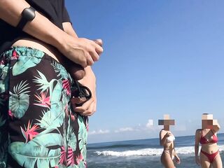 Public flash knob on the beach in front of 2 slutty gals who wish my shlong