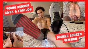 College Runner Gives A Footjob (Double Screen Angle)- Guys Feet, Male Feet, Gay Feet