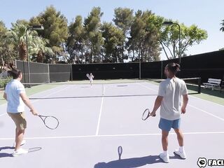 Redhead Bitch Lets Tennis Dudes Team Up And Spray Her Face - Mazy Myers