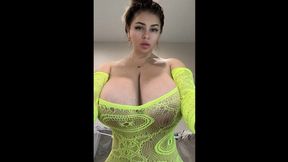 Elastic saggy desires to burst from two cans of big natural saggy tits &mdash;  oval &mdash;  hard nipples through transparent clothes