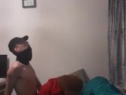 Very skinny teen with a mask and long socks fucks his beloved teddy bear on his bed