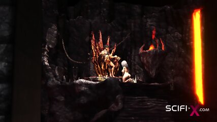 Alien fucks hard a sexy blonde in her ass in the fire cave