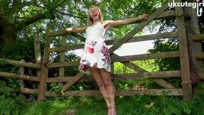 Damsel Tied to Gate Crucifix Bondage & Ballgagged