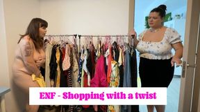 ENF shopping with a twist - Shopper Roxanne Miller and vendor Olivia BBW have and awkward and embarrassing encounter while dress shopping, Roxanne tries to get away from Olivia but she is in a maze in this store, Olivia worships huge boobs and bbw