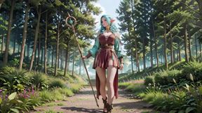 Forest Fantasy! Green-haired Mage &amp; Blue Elf in a Private Walk, Kneeling under dappled sunlight with teasing wands.
