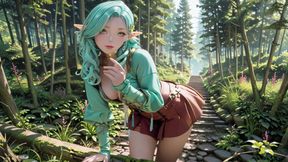 Forest Fantasy! Green-haired Mage &amp; Blue Elf in a Private Walk, Kneeling under dappled sunlight with teasing wands.