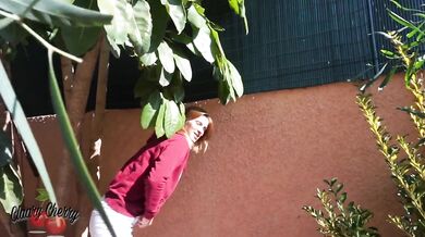 Brunette neighbor pisses hard in the garden Claary Cherry small tits jiggle