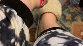 Shoe dangle Sassy Sophia does foot tease with ballet socks strip to barefoot