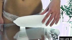 ”Slutty babe Emma O masturbates with a big piece of ice”