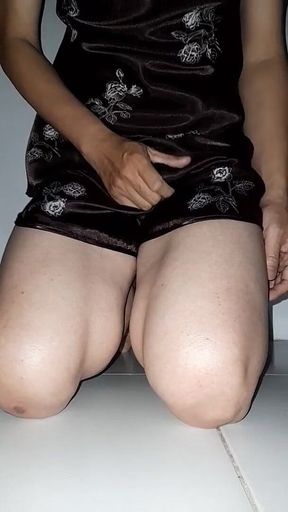 Crossdresser Cum Wearing Satin Silk Set