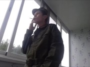 Russian soldier smokes, spits, and masturbates his dirty cock and cums on his army shoes