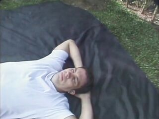 Trans woman rimming large weenie sucking in the garden...cum in throat