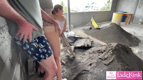 Horny sub slut fucking her boyfriend on a construction site