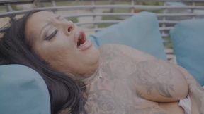 Chubby with Big Tits Jerks off to Orgasm by the Pool