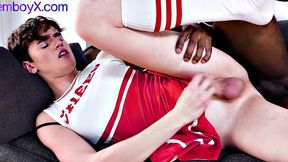 Cheerleader femboy fucked in assfuck by top Black jock