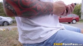 Russian red head Clemence Audiard tempts a man for hardcore sex outdoors