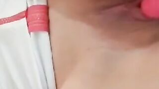 Small women with Medium Hooters Mastrubate with Dildo alone