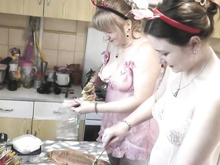Old and young Hot Older MILF and cute teenager beauty without panties and bra in kitchen Golden-haired and Brunette Lesbian Bi sexual Fetish Homemade Sex Porn