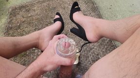 Outside Playing With My Big Dick in High Heels and Nylons