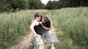 Busty bitch rides the cock outdoor