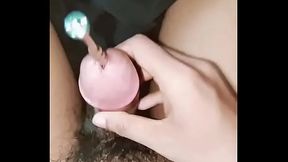 Shemale cum twice from sounding and vibrating her cock