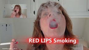 Smoking fetish: Sultry red painted lips pouty mouth with a cigarette