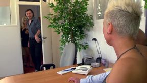 Two badass blondes gets to fucked hard in the office by huge cocks