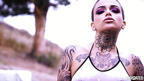 Dirty bald headed all tattooed slut Leigh Raven is so into giving BJ