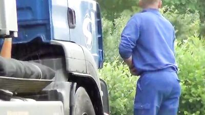 Freaky voyeur is filming truckers while they are pissing in public