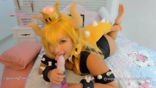 Hot Bowsette cosplay girl playing hard with her sex machine ahegao and bad dragon blowjob