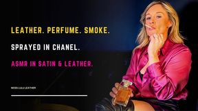 ASMR Silent Smoking & Perfume Spritz: British MILF in Pink Satin, Leather Mini Skirt & Thigh-High Boots with Sensory Fragrance Triggers - Miss Lulu Leather - MP4 HD