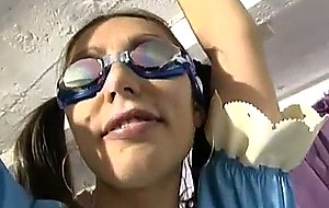 German freak with maid outfit and swimming goggles in bondage scene