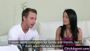 Couple fuck while casting agent rubs pussy
