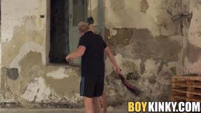 ”Older dude whips bound twink before giving him blowjob”