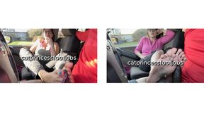 MrMarathon's first car footjob, double cumshot, of course, bbc on milf feet, 2 footjob combo