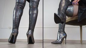 Shoeplay and Walking in Holo High Heel Thigh High Boots (Shoe Collection) - Dame Olga 4K (718)