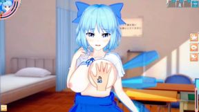 Cirno's Big Breasts Get Rubbed While Nio Delivers a Handjob and Blowjob in Hentai Game Scene