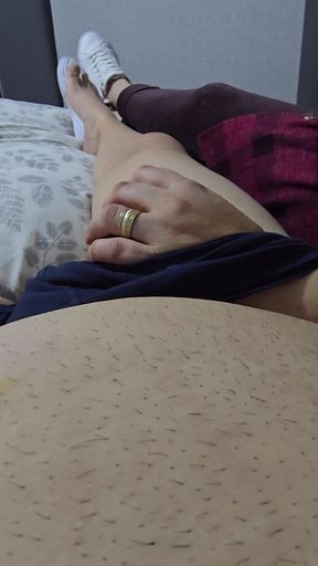 Step Mom Help Roommate by pulling out his dick and handjob him for a day