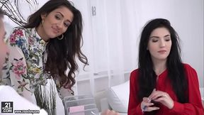 Darcia Lee and Mia Evans rides their boss'_ big dick