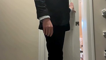 Horny employee can't wait to fuck fleshlight in suit