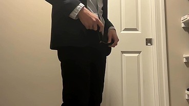 Horny employee can't wait to fuck fleshlight in suit
