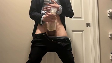 Horny employee can't wait to fuck fleshlight in suit