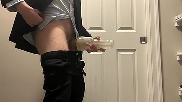 Horny employee can't wait to fuck fleshlight in suit