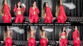 Marlboro red 100s, red leather jacket, bra and pants!